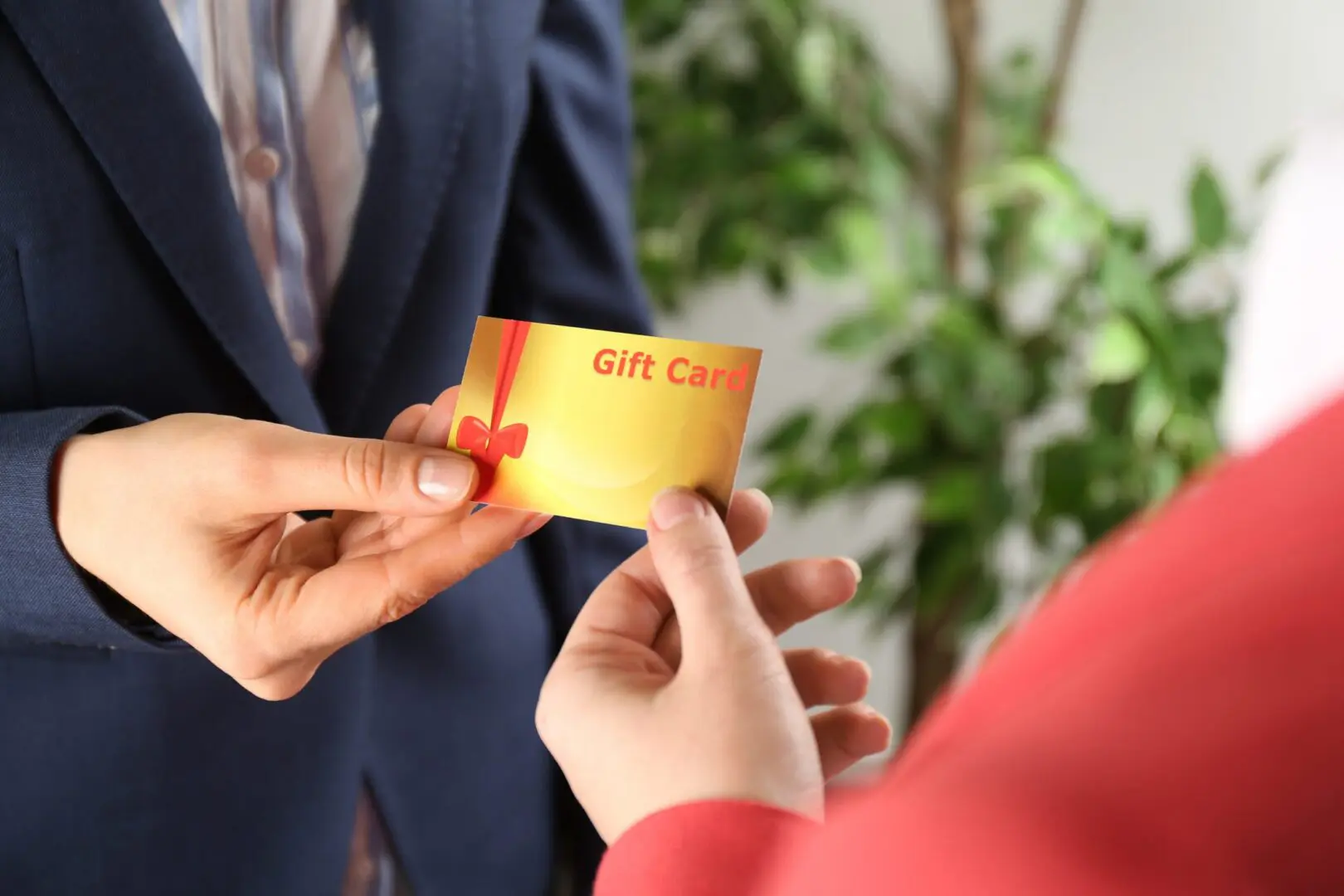 Exchanging a gift card in business attire