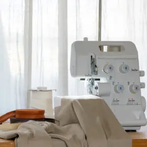 Sewing equipment and beige fabric display