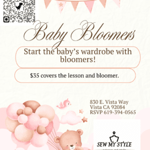 Flyer advertising baby bloomers and clothing lesson for $35.