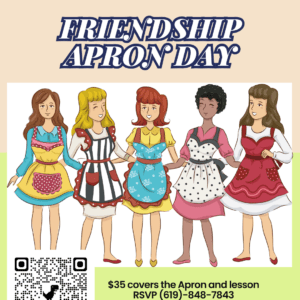 Illustration of five women wearing colorful aprons for Friendship Apron Day.