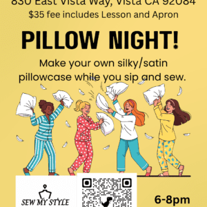 Pajama party pillowcase sewing event with snacks and aprons.