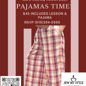 Plaid pajamas on a hanger with a pajama lesson promotion poster.