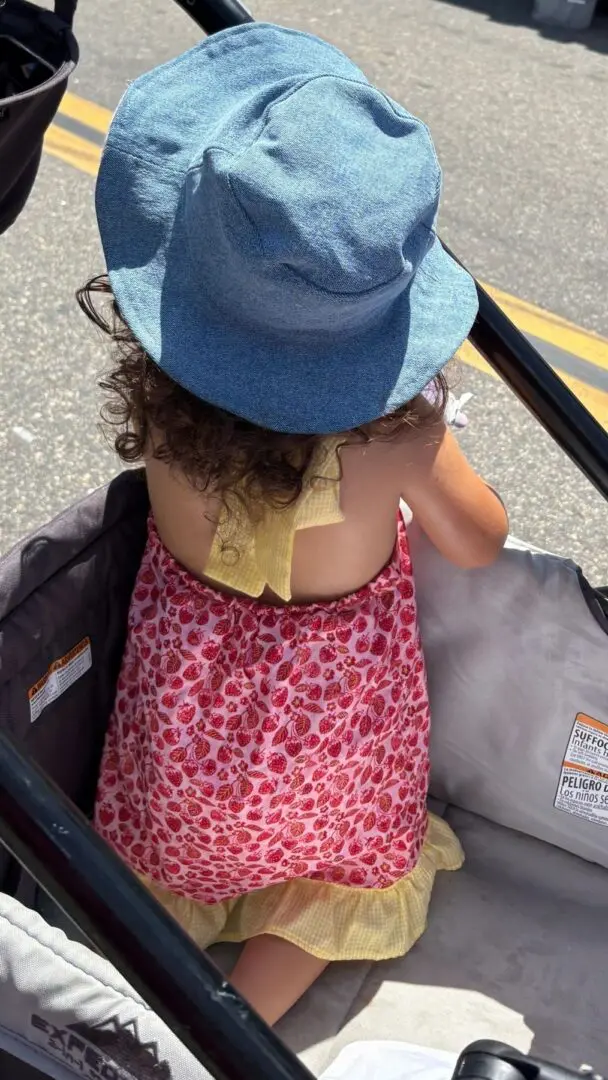 A child in a blue hat with a butterfly on their back.