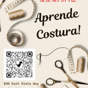 Flyer inviting to learn sewing with tools and QR code.
