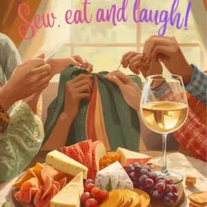Friends knitting together, enjoying snacks and wine with laughter.
